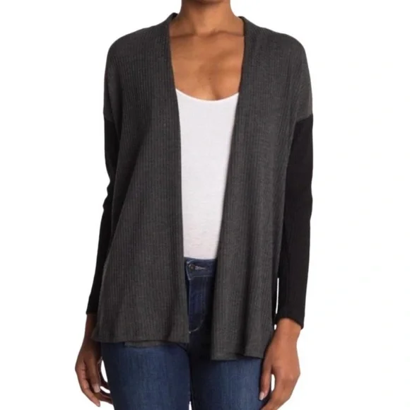 Bobeau Open Front Grey Black Colorblock Waffle Knit Cardigan - Picture 1 of 8